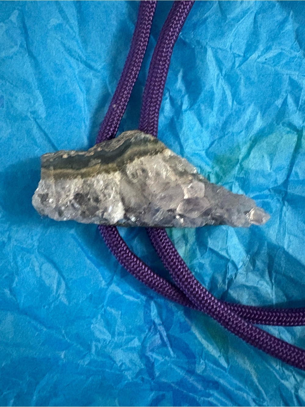 Raw Druzy Stone Pendant on Purple Cord Bolo Tie